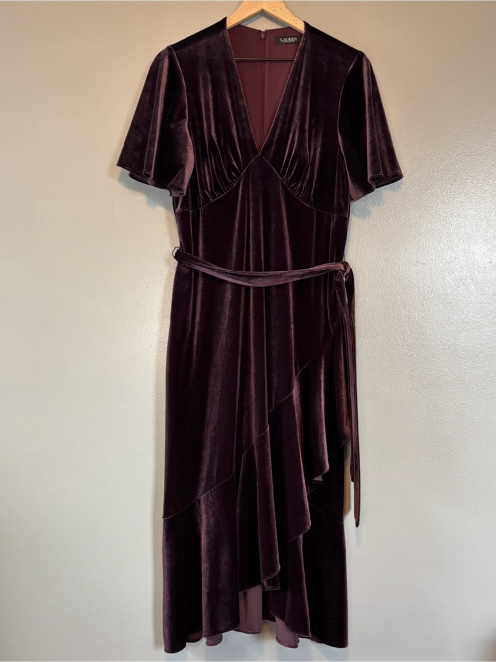 Lauren Ralph Lauren sz 14 Velvet Flutter Sleeve Belted Midi Dress Purple - Picture 2 of 7